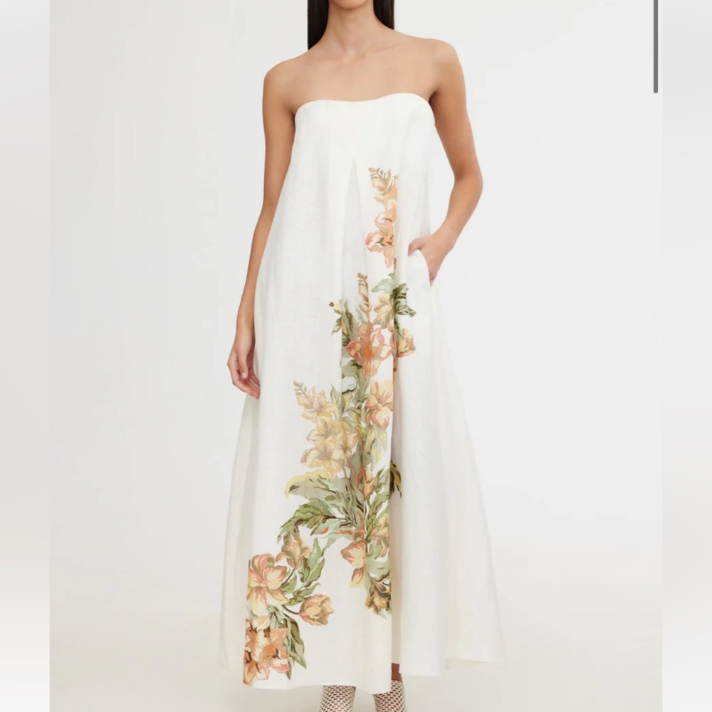 Strapless White Maxi Dress with Peach Floral Detail